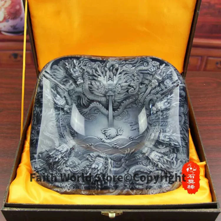 

HOME CLUB BAR TOP COOL 3D embossed dragon GOOD LUCK FENG SHUI crystal art Ashtray statue- Birthday gift