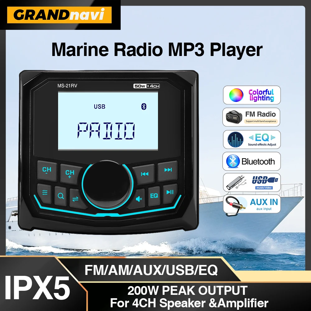 

Black Marine Radio For Yacht ATV UTV Golf Cart Motorcycle Boat Stereo FM AM Digital Media Audio Player Bluetooth IPX5 Waterproof