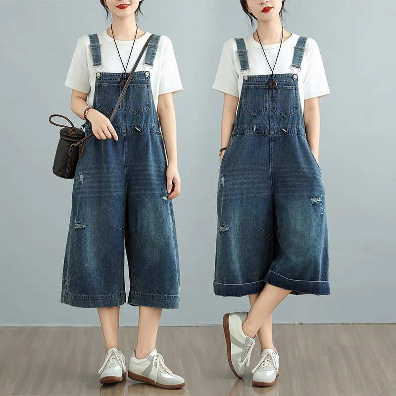 

2025 Summer Cowboy Overalls Women's Jumpsuit Shorts New Student Korean version Loose Denim Wide leg one-piece Suspender Shorts