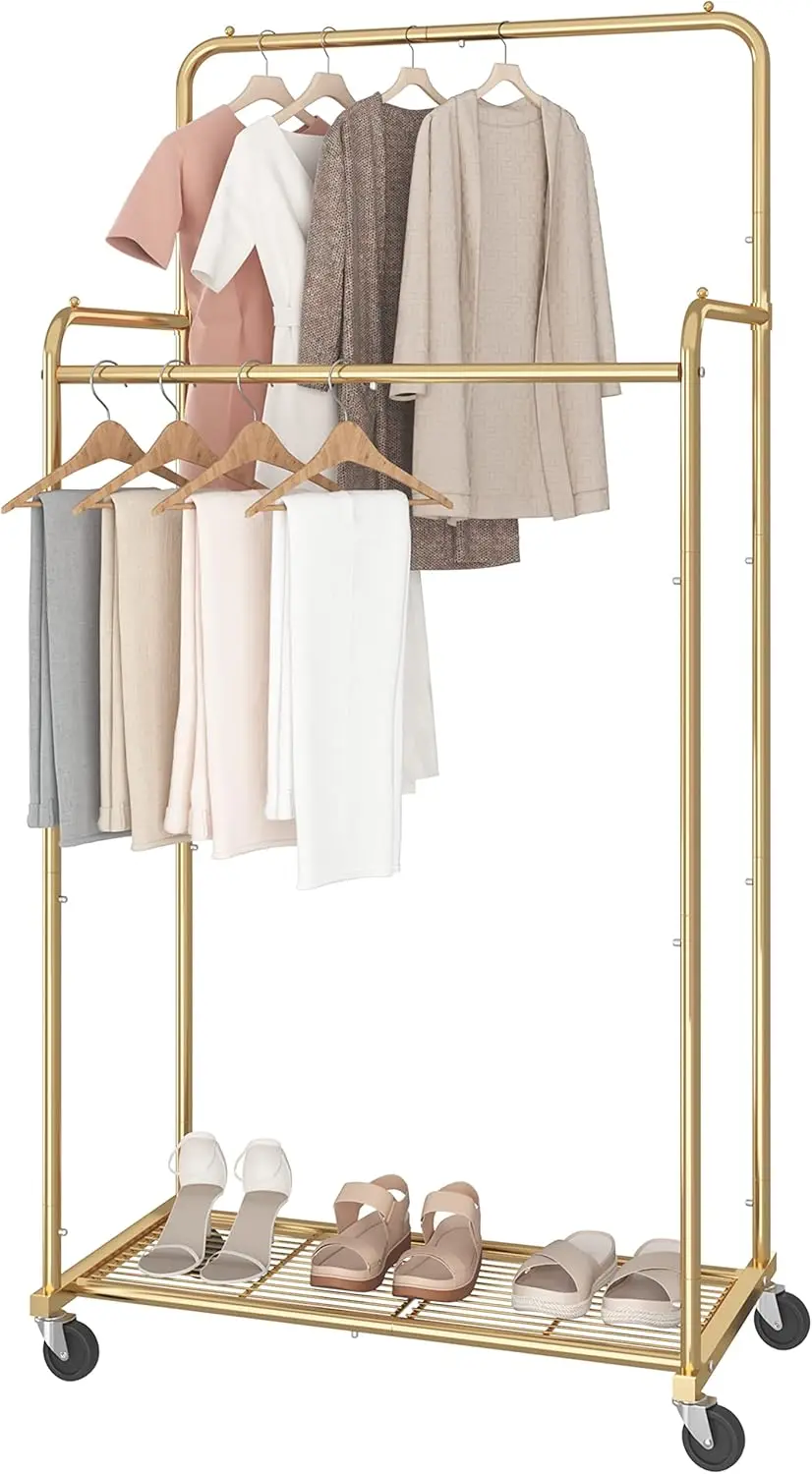 

Double Rod Clothes Garment Rack, Heavy Duty Clothing Rolling Rack on Wheels for Hanging Clothes,with 4 Hooks, Gold