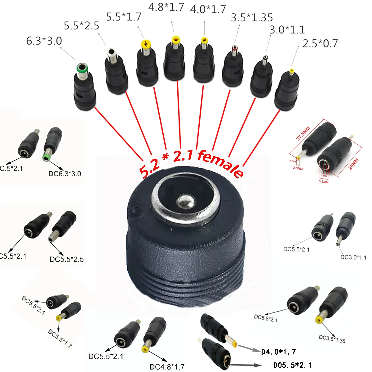 DC Jack Adapter Connector Laptop 5.5*2.1 Moth To 6.3 * 3.0/5.5* 2.5/5.5* 1.7/4.8*1.7/4.0 * 1.7/3.5 * 1.35/3.0*1.1/2.5*0.7  Male