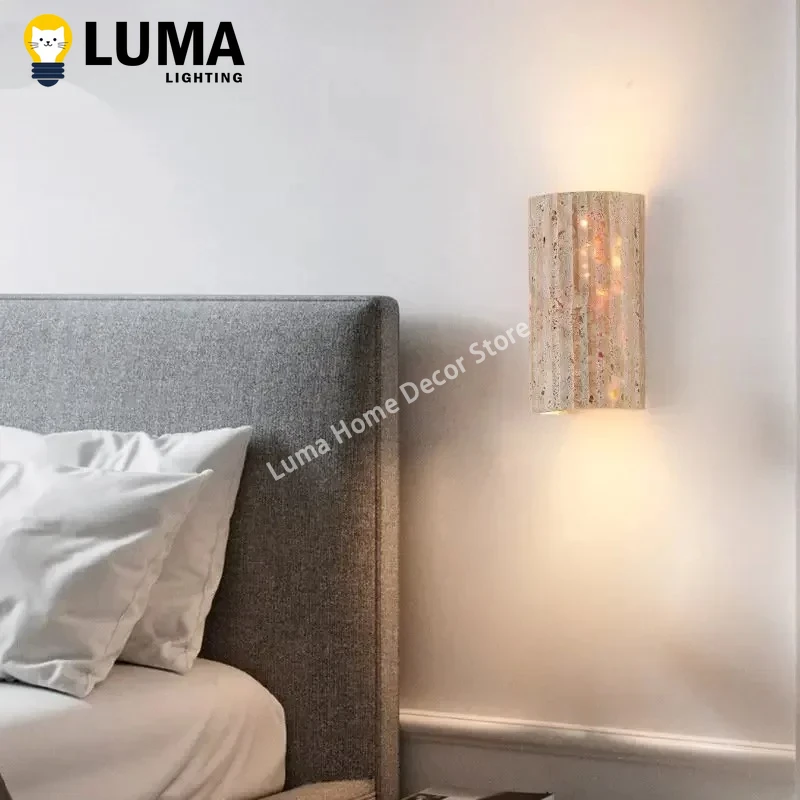 

Wabi Sabi Style Yellow Travertine Wall Light, LED Stone Wall Lamp for Bedroom Bedside Livingroom Corridor Staircase Home Decor
