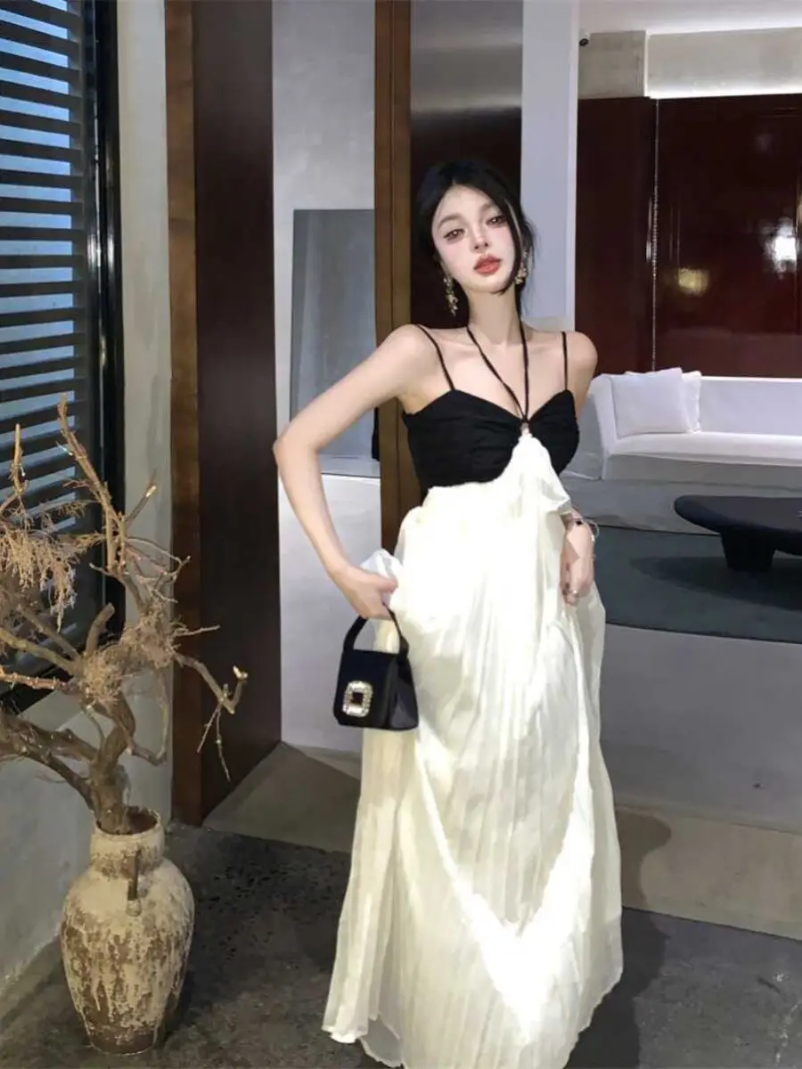 Vestido camisero francés con franjas de Color y cuello Halter para mujer, nuevo vestido elegante Vintage ajustado de verano