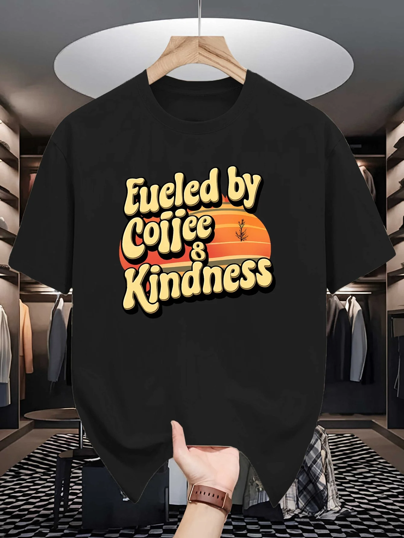 Retro Sunset Bubble Font Graphic Mens Crew Neck T Shirt Fueled By Coffee And Kindness Print Short Sleeve Casual Cotton Daily Top