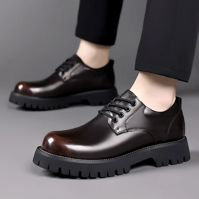 Classic Trends Spring Outdoor Men\'s Leather Shoes Platform Oxfords Male Derby Shoes Casual  Mens Lace Up Thick Soled Work Shoes