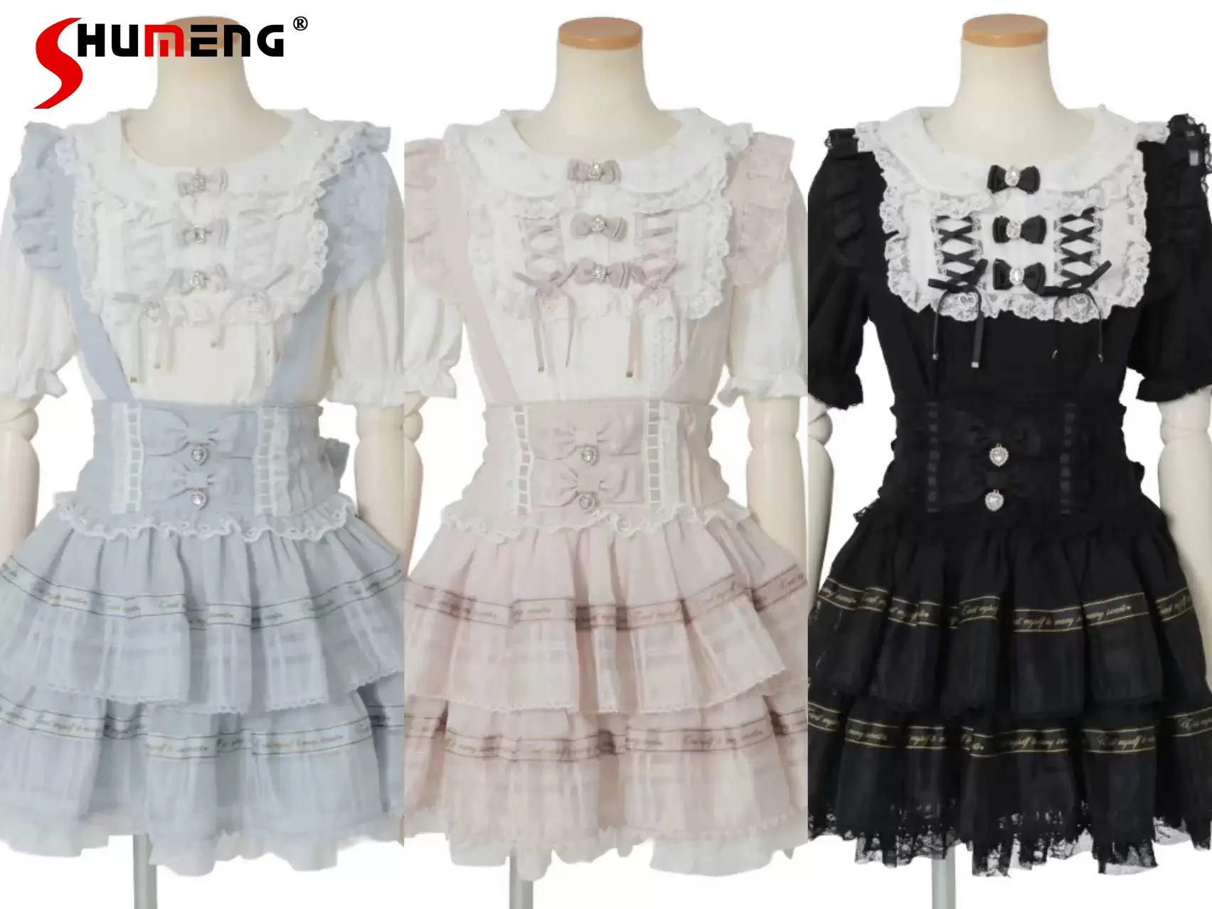 

Japanese Mines Style Mass-Produced Sweet Strap Skirts High Waist Bow Lace Spliced Layered Kawaii Lolita Cake Skirt Women Summer
