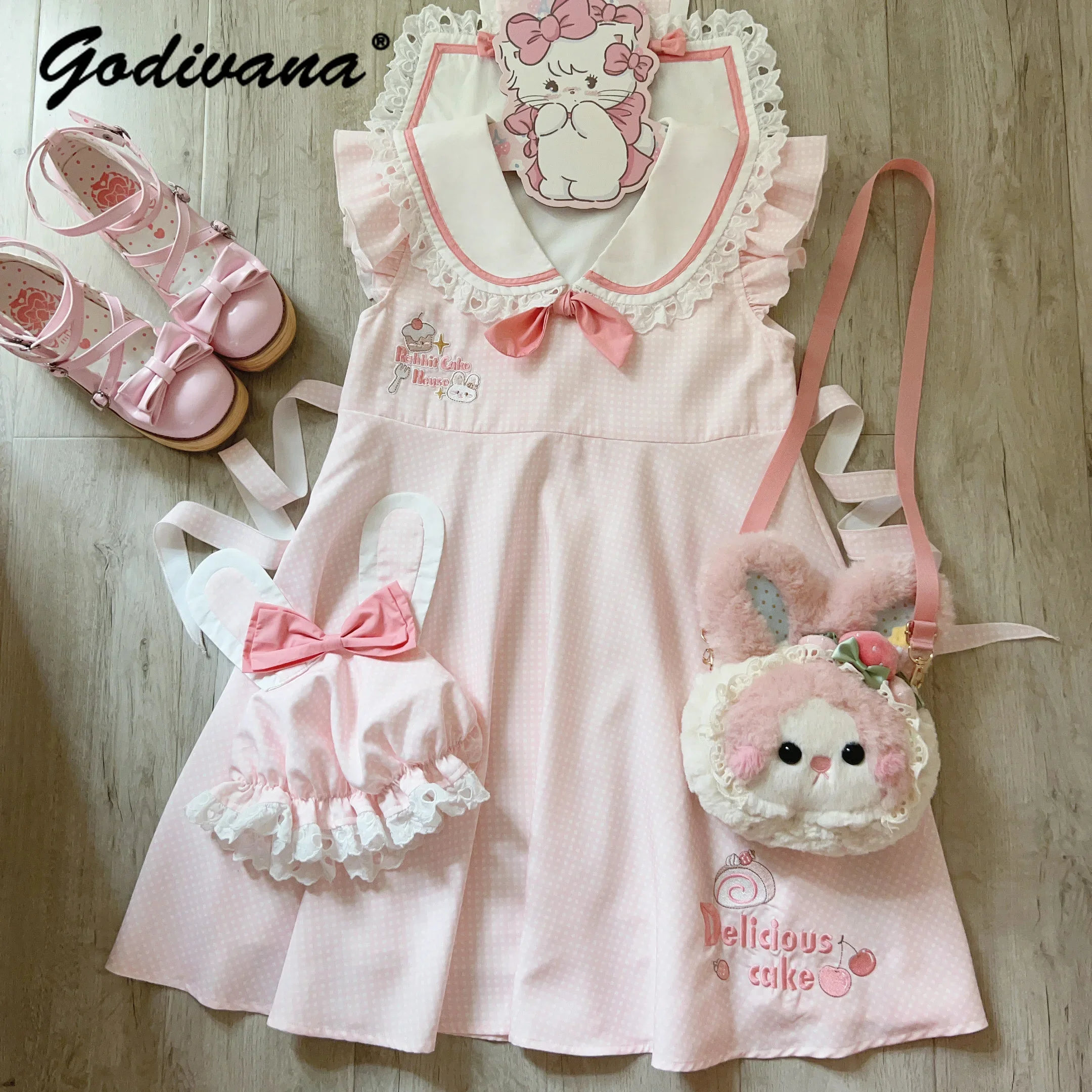 

Japanese Style Girl Women's Sweet Cute Flying Sleeve Pink Dress Summer Lolita Sailor Collar Pink Plaid Sleeveless Dresses