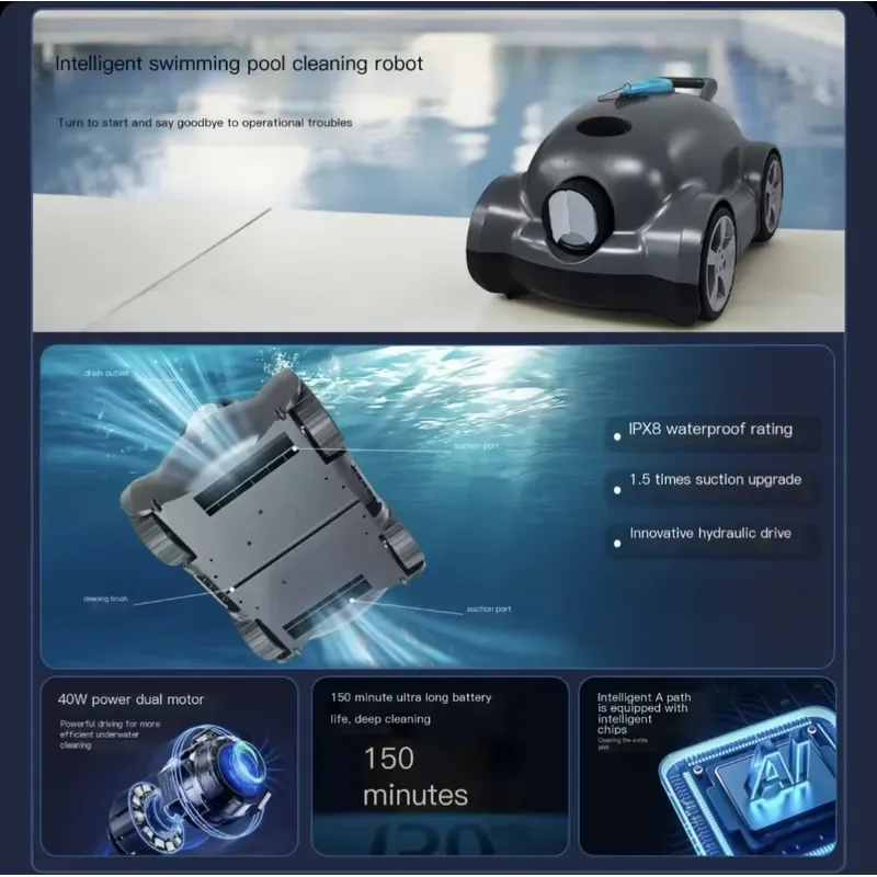 Wireless Robotic Pool Cleaner Automatic Underwater Vacuum for Inground Pools Smart Navigation Bottom Cleaning Device