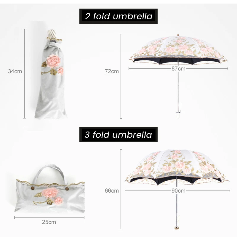 New Fashion Luxury Embroidered Flower Rain Umbrella for Women 3 Folding Double Layer Lace Up Parasol Luxury Uv Umbrellas Summer