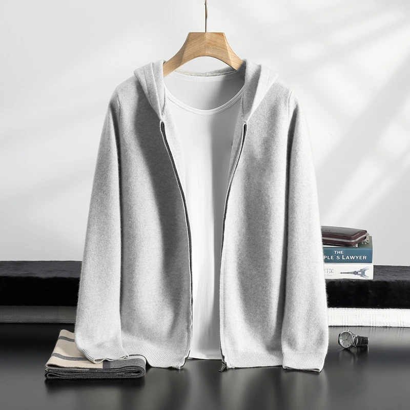 2025 100% Cashmere Men Hooded Cardigan Sweater and Pants Thick Warm Autumn Winter Cashmere Jacket Hoodie Knitwear Trousers Suit