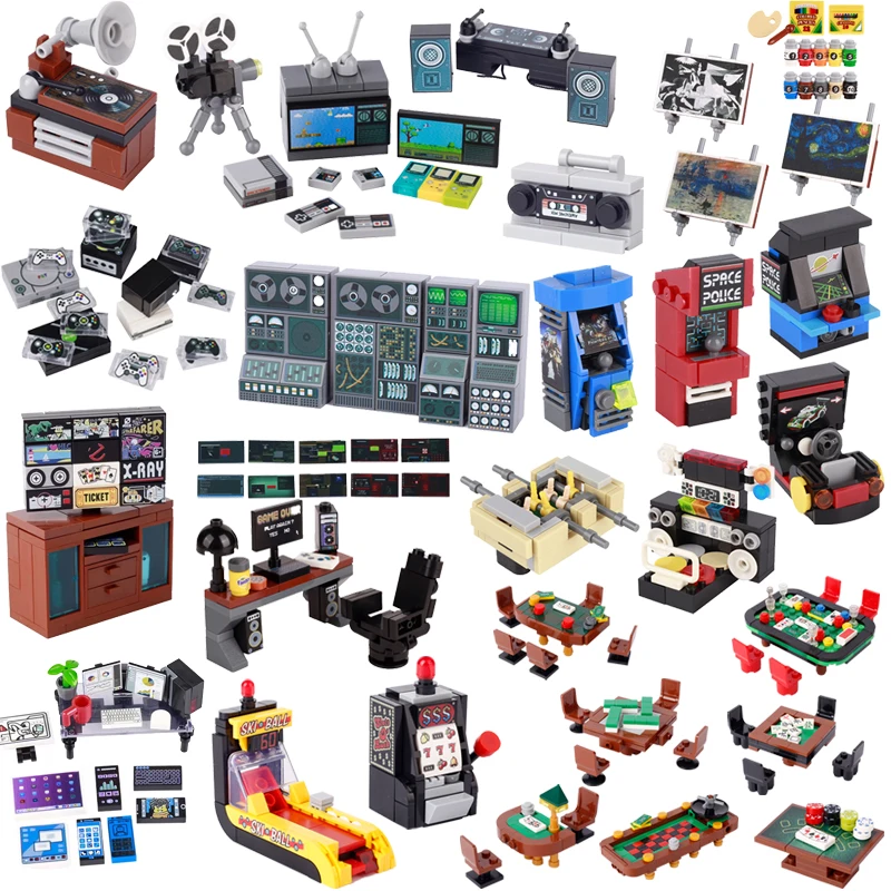 MOC City Building Block Figures Accessory TV Game Console Computer Screen Control Center Easel Oil Printing Bricks DIY Kids Toys