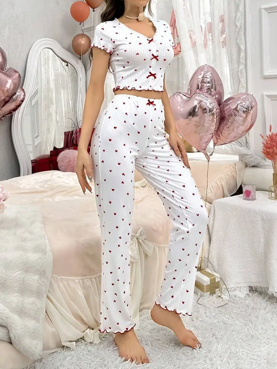 Heart Print Ribbed Frill Trim Women\'S Pajama Set Knitted V-Neck Loose Tops Autumn Elastic Long Pants Sleepwears Vintag