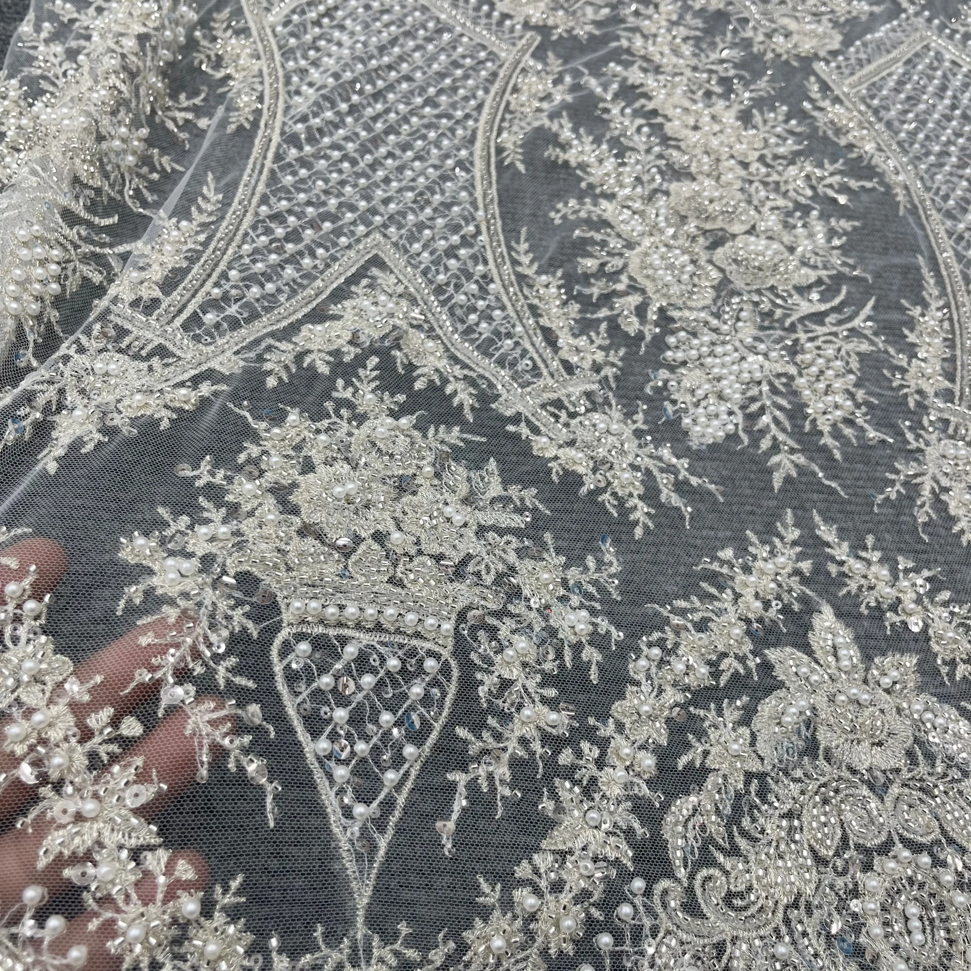 Luxury Court Style Sequins Pearl Embroidery Lace Fabric High-End Wedding Dress Design Fabrics