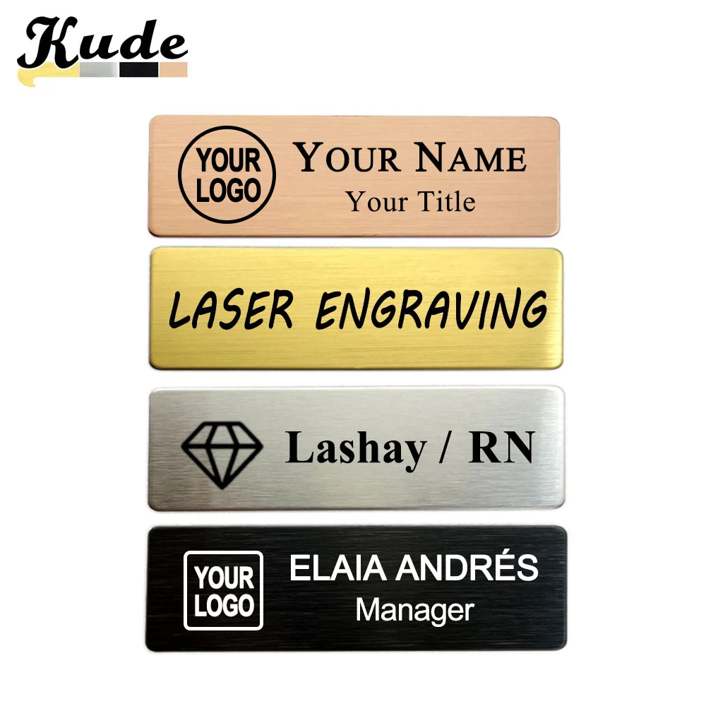 Placa de identificação de metal de aço gravada personalizável, gravado seu logotipo do texto, crachás personalizados, broches personalizados, tag ID