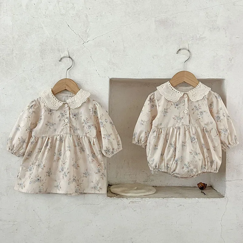 2025 New Spring 0-3Yrs Kids Princess Dress Toddler Baby Bodysuits Long Sleeved Cotton Flower Print Infant Baby Girls Party Dress