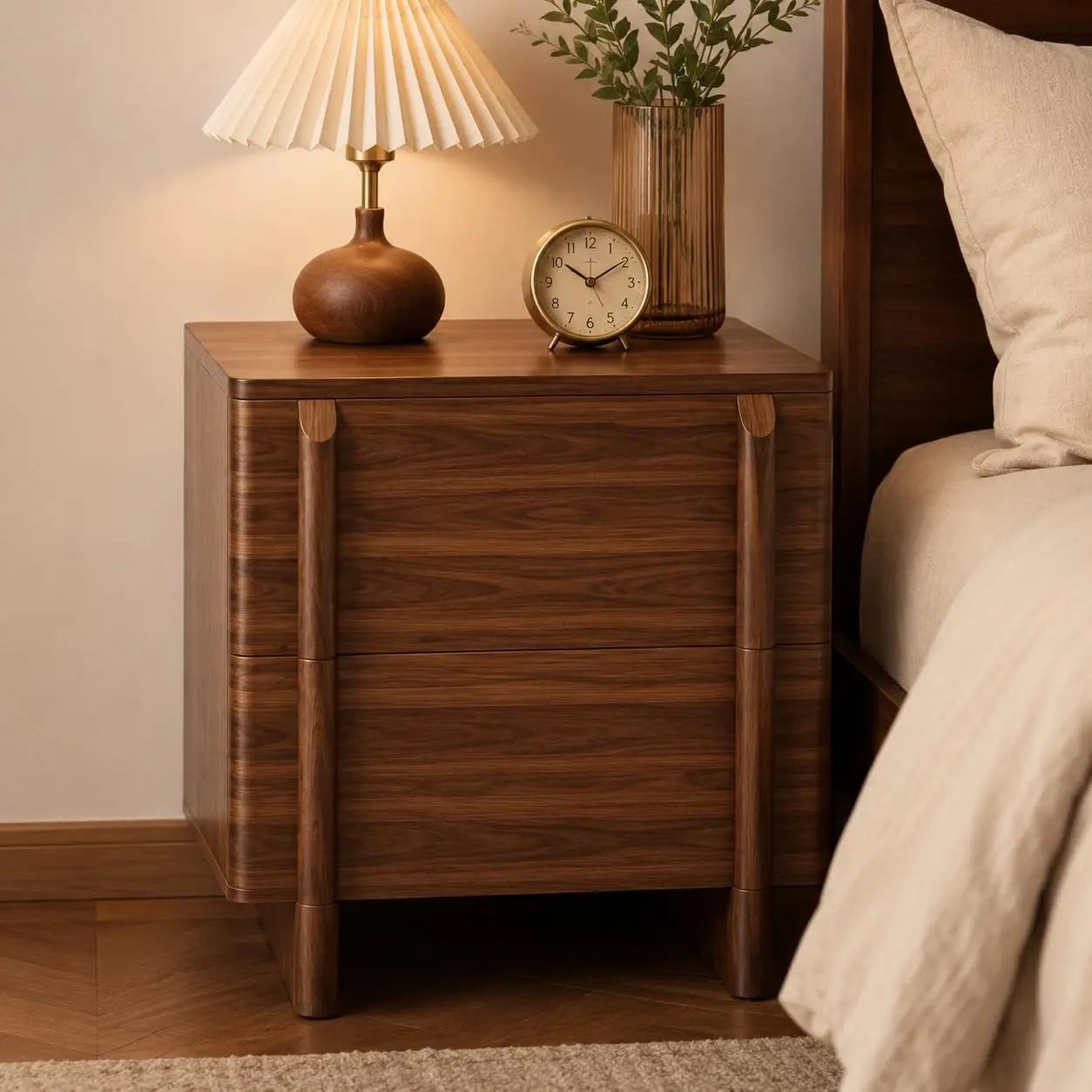 Mid-Century Nightstand 2 Drawers Walnut Bedside Table Wooden Handles Floor Legs Side Table Bedroom Living Room, Customized
