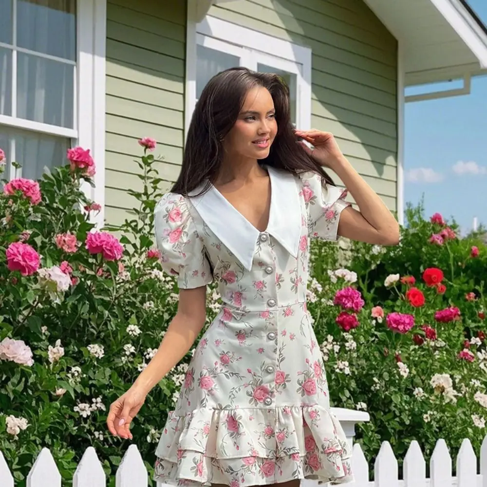 

French Style V-neck Girls Floral Dress Lapel Ruffle Edge Children Princess Dress Skirt Short Sleeve Flower A-line Dress Summer