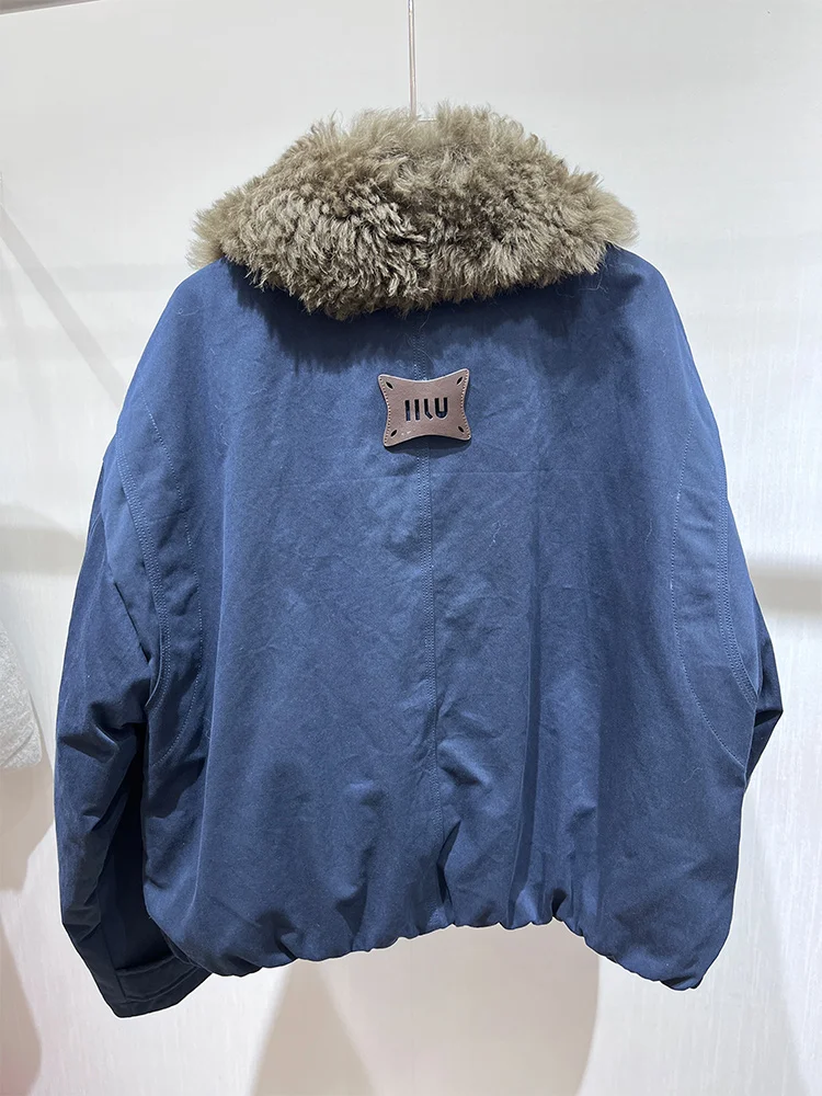 2025 Herfst Winter Ganzendons Jas Natuurlijke Schapen Lam Bontkraag Dikke vrouwen Warme Denim Jas Luxe Uitloper Vrouwelijke jassen