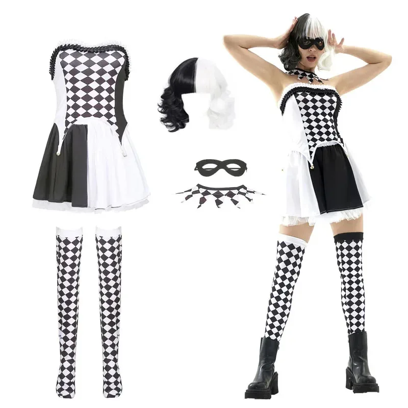

Adult Women Sexy Harley Costume Halloween Movie Quinn Naughty Joker Clown Harleyquin Cosplay Fancy Dress Cruella De Vil Wig