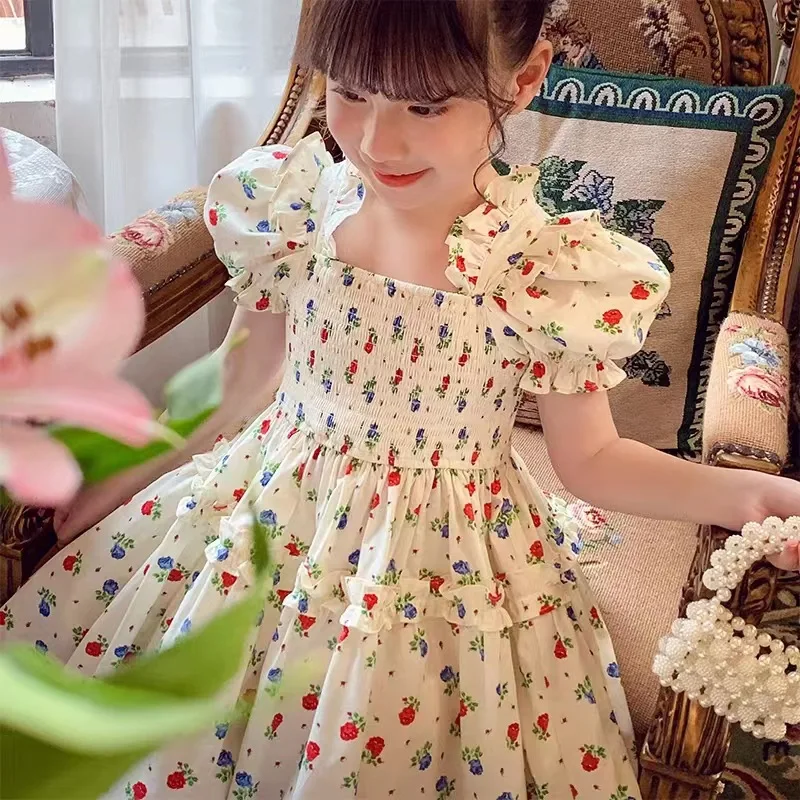 Girls 2026 Summer New Dress Fashionable Little Girl Puff Sleeve Floral Childrens Casual Sweet A-Line Dress for Older Children