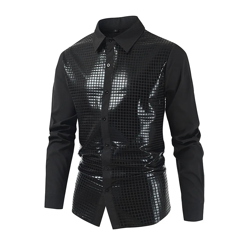 #4662 Black Spli Joint Long Sleeve Shirt Men Singer Night Club Dance Streetwear Hip Hop Shirt Sequines Shirt Turn-down Collar