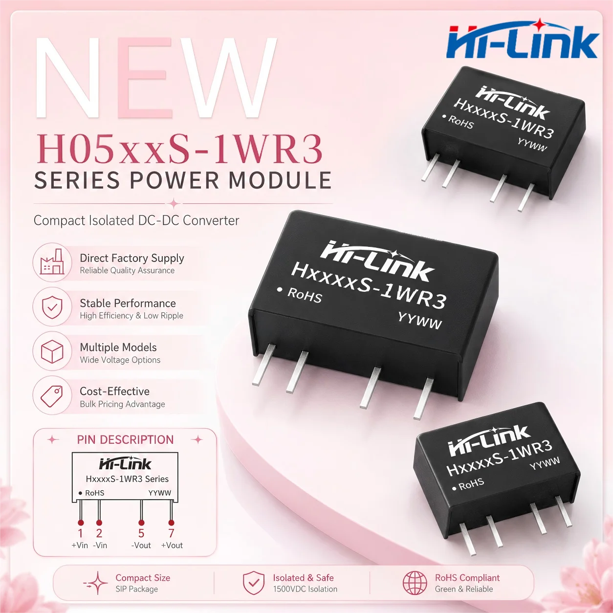 H0505S H0512S 1W Standard Pin SIP Regulator 6000VDC Dielectric Separator Auto Reset Short Circuit Shield 0 025W No Load Draw