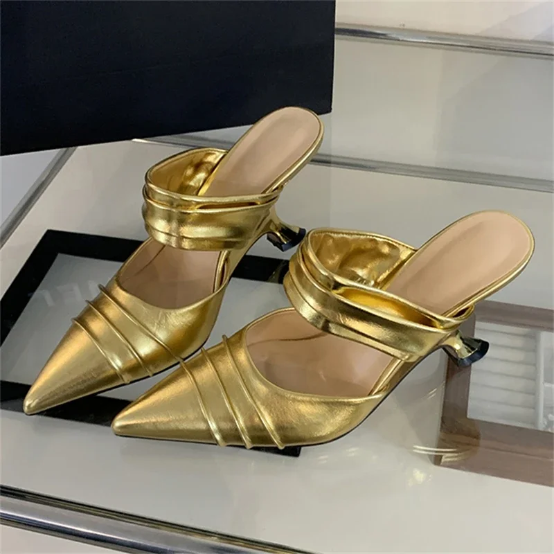 

Eilyken дизайн стиль плиссированные женские тапочки на высоком каблуке на танкетке элегантные туфли-мюли с острым носком для банкета и вечеринки Zapatos De Mujer