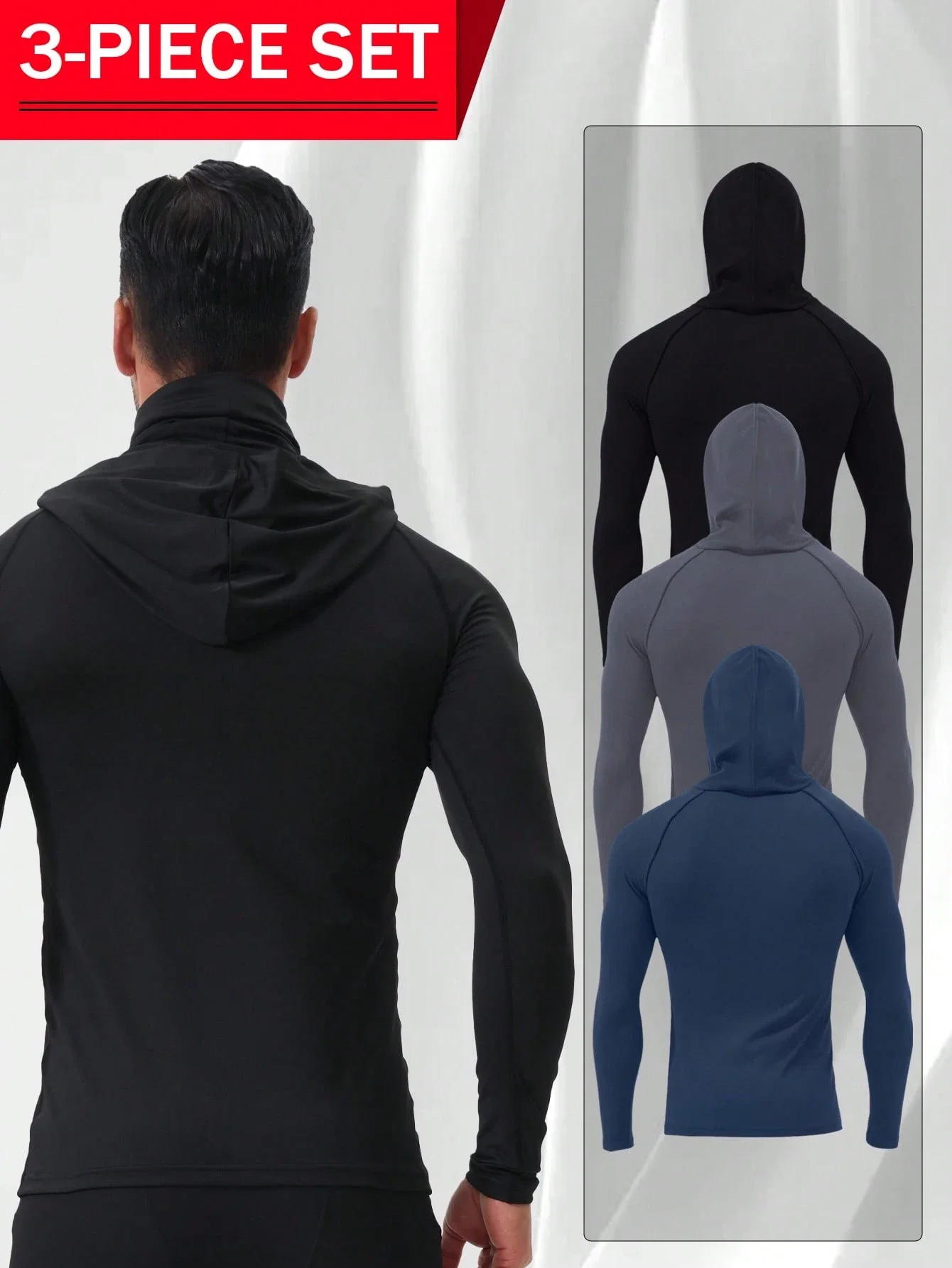 

3-Piece Men's Sun Protection Hoodie With Mask Lightweight High-Stretch Compression Sweatshirt For Running Fitness