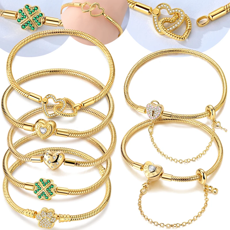 

Original 925 Sterling Silver Gold Bracelet Bangle Golden Heart Star Four-Leaf Clover Bracelet Snake Chain For Women Gold Jewelry