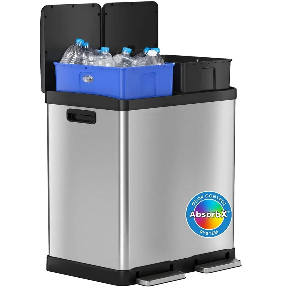 

Double Odor-Controlled Stainless Steel Trash & Recycle Bin, 2 x 8 Gallon Removable Color-Coded Liners, Airtight Seal