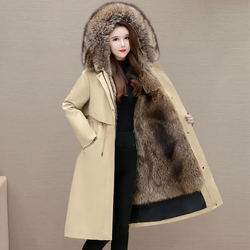 

Chic Parksuit Women's Overcoat Detachable Fur One-Piece Fleece-Lined Thicke Warm Parkcoat Winter New Faux Fox Fur Long Coat