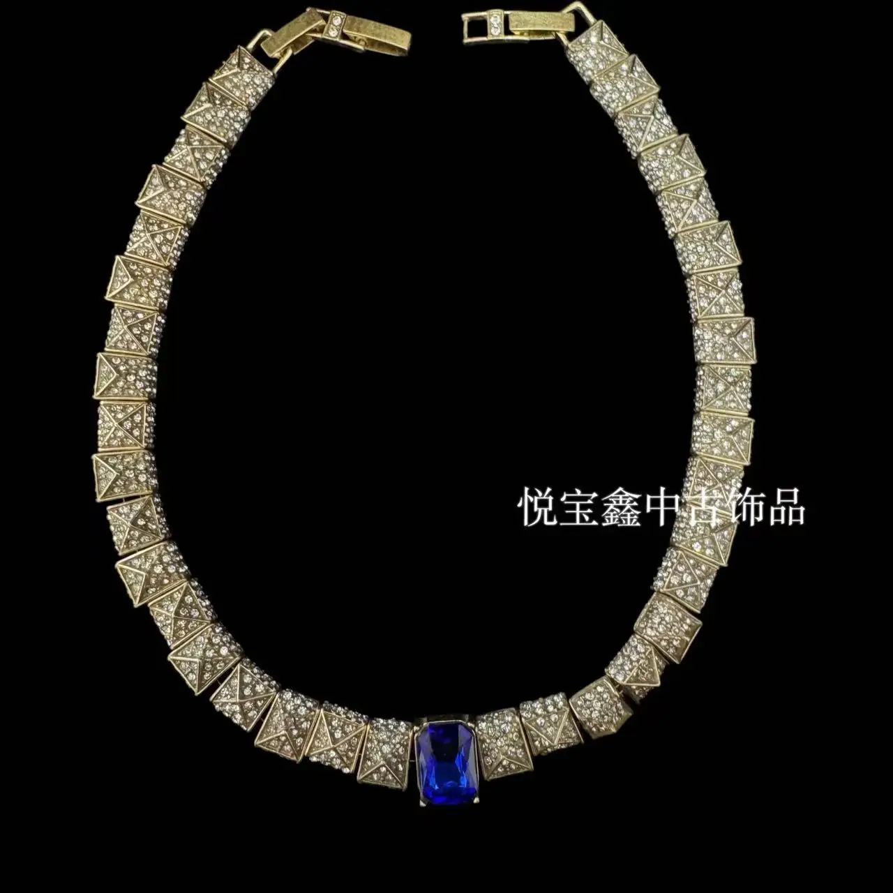 Russian gold distressed diamond blue rhinestone necklace Versatile  elegant women's daily jewelry