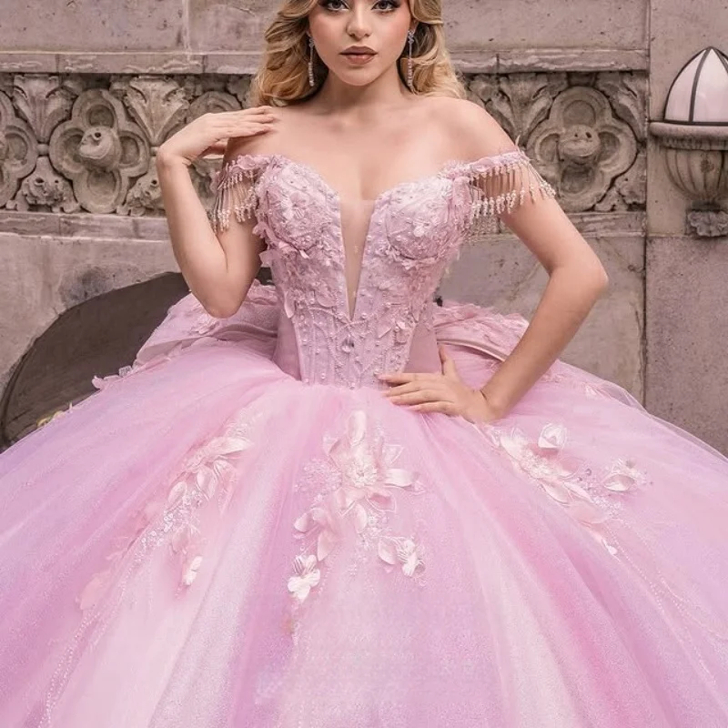 

Pink Quinceanera Dress Lace layering Tull Glitter Decal 3D Flower Long tail Bow vestidos de 15 Quinceanera ﻿Customized