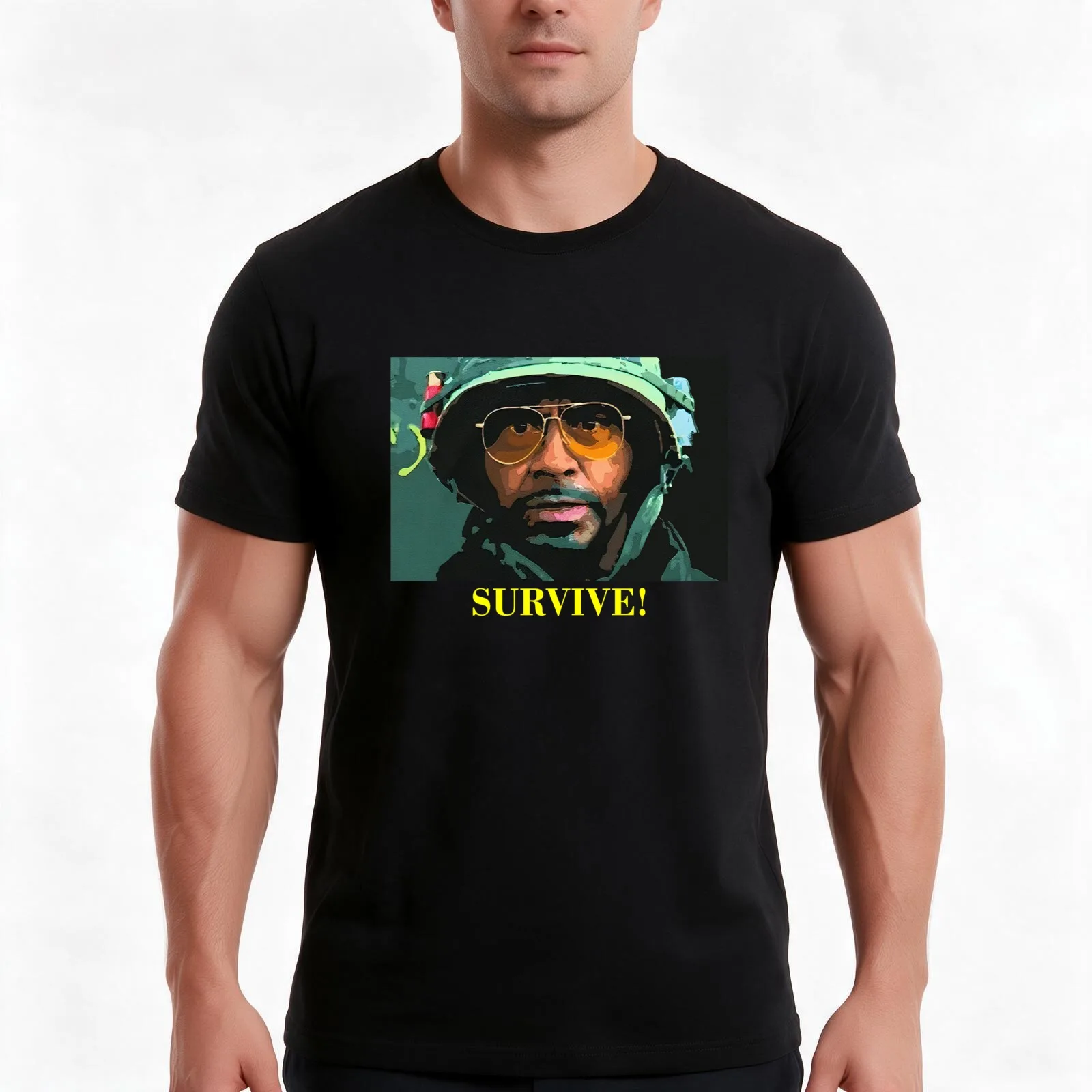 Tropic Movie Veteran Thunder SURVIVE T-Shirt, Summer Casual Cotton Tee, Oversized Streetwear Tops, Vintage Graphic Print