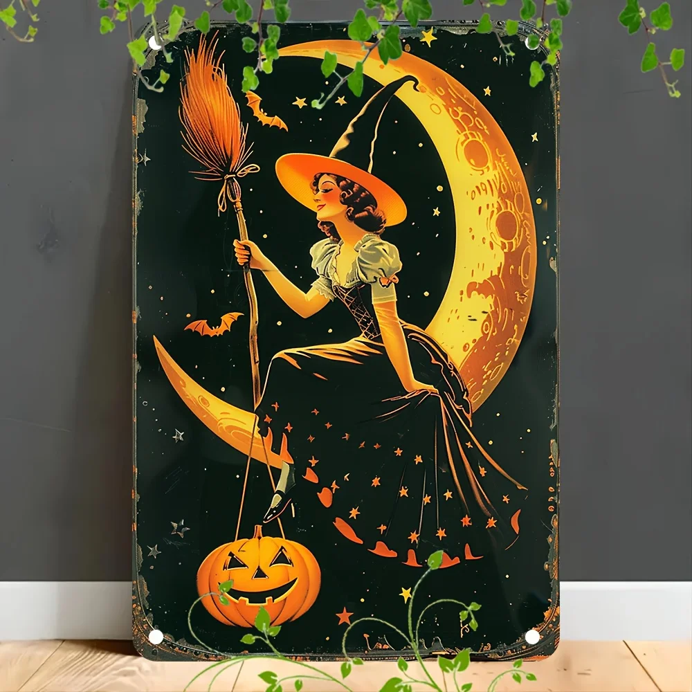 Vintage Halloween Tin Wall Panel - 30.48cm x 20.32cm Aluminum Metal Witch & Moon Print with Bats, Jack-O'-Lanterns & Gothic Star