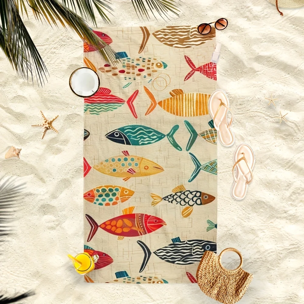 Vibrant Fish Design Extra Large Microfiber Beach Towel, Lightweight Quick-Drying Soft Sand-Repellent Travel