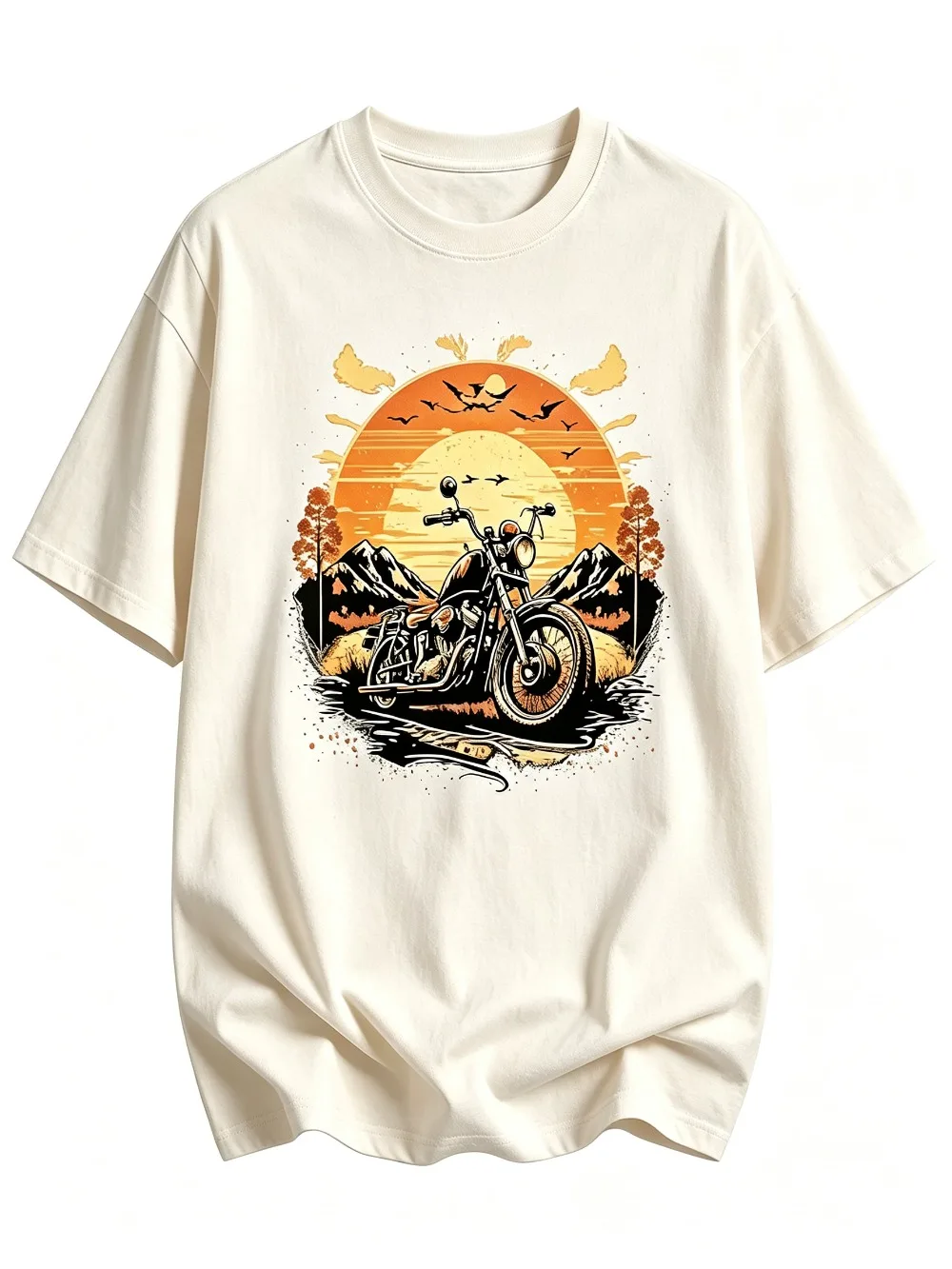 2026 Now Men Vintage Sunset Mountain Motorcycle Print Short‑Sleeve Outdoor Cruiser Biker Style Street Trend Gift for Riding Fans