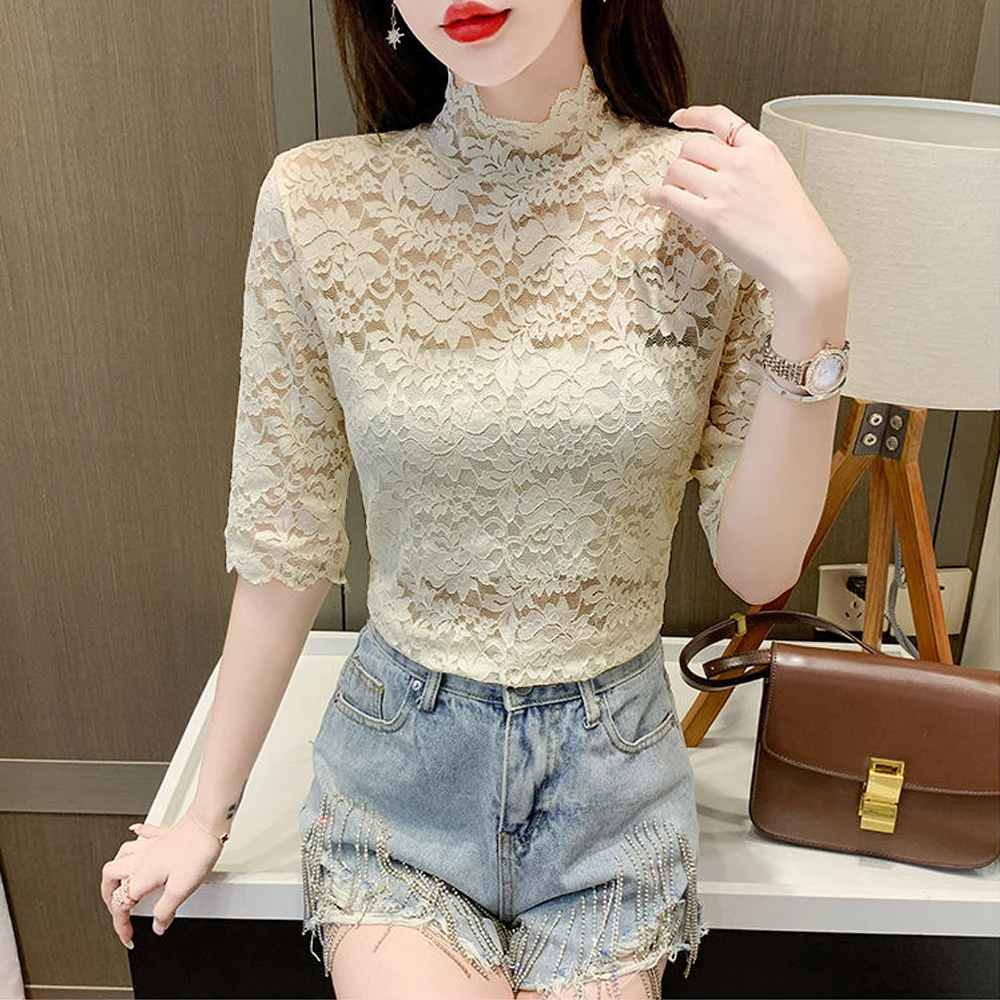 Women Fashion Stretch Lace T Shirt Top Petal Sleeved T-Shirt 5 Colors S-3XL Size Short Sleeved Floral Lace Tees Clothing Ladies