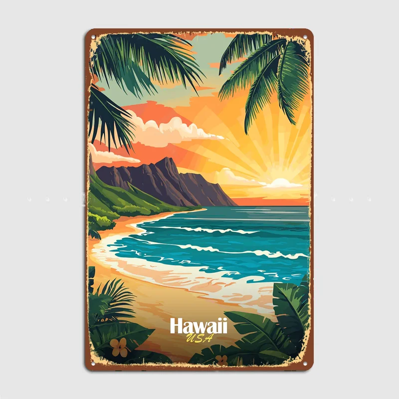Hawaii Sunset Beach Scenery Travel Poster Metal Sign Life Wall Custom Bedroom Indoor Home Wall Decor Posters Room Decoration