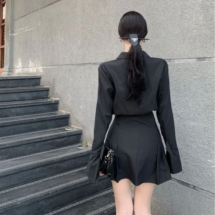 2024 Early Autumn New Lapel Neck Black Blouses Sexy Slim Waist Ruched Shirts Women Y2k Grunge Long Sleeve Blusas Mujer Dress