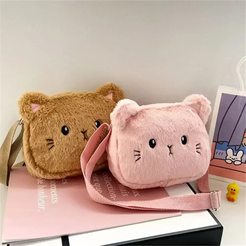 Bolso de hombro de felpa suave para niños, bolsa pequeña de mensajero con Gato de dibujos animados, i-DE11