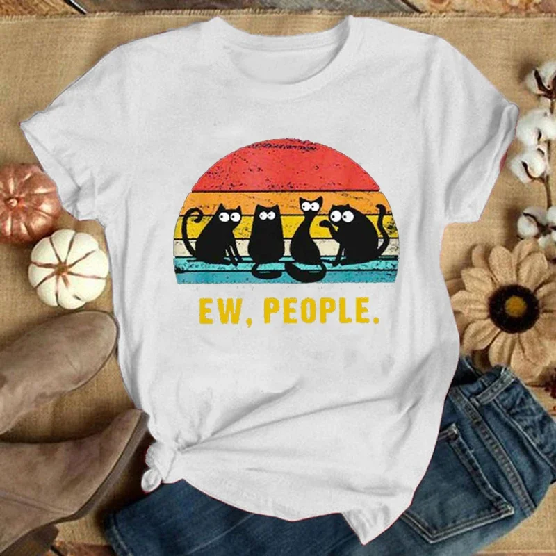 Cute Cat Print Short Sleeve T Shirts Women T Shirts Summer Short Sleeved T-shirts Comfy Soft Shirts Tops Aesthetic Clothes