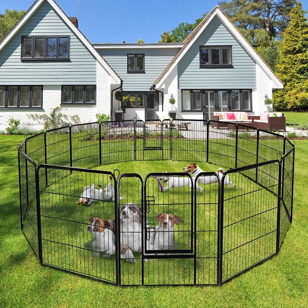 Dog Fence with Door 16/8 Panels for Outside Large Dogs Portable Pet Playpen Fencing Enclosures Heavy Duty Metal Camping