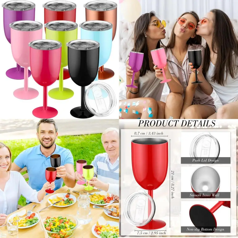 

Бокалы для вина из нержавеющей стали с двойными стенками, 8 шт., емкостью 12 унций, бокалы с крышками, небьющиеся для долговечности