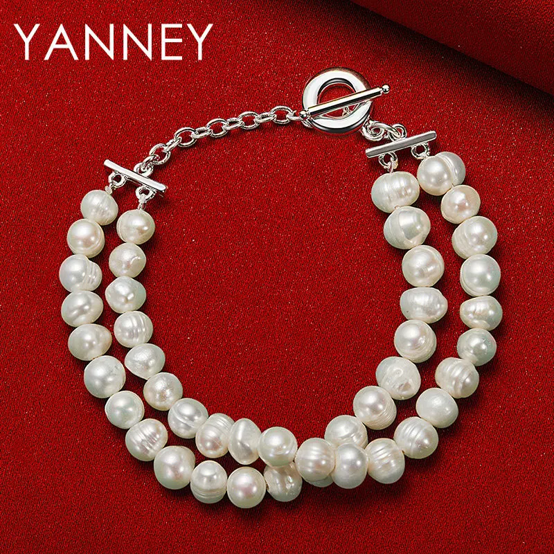 

925 Sterling Silver 8 Inches Elegant Double Layer Pearl Chain Bracelet For Women Fashion Charm Wedding Gift Party Wife Jewelry