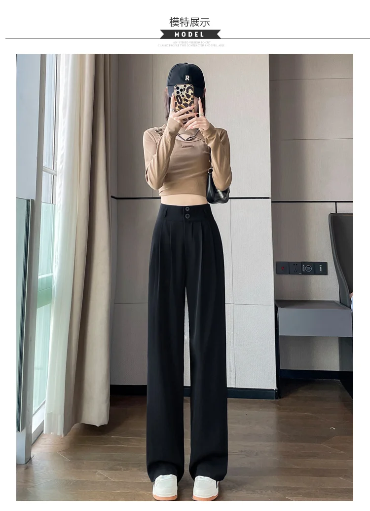 Frauen Lose Frühling Sommer 2024, Neue Hohe Taille Breite Beine Dünne Beiläufige Hosen Koreanische Mode-Trend Weiblichen Anzug Gerade Hosen – Detail 4