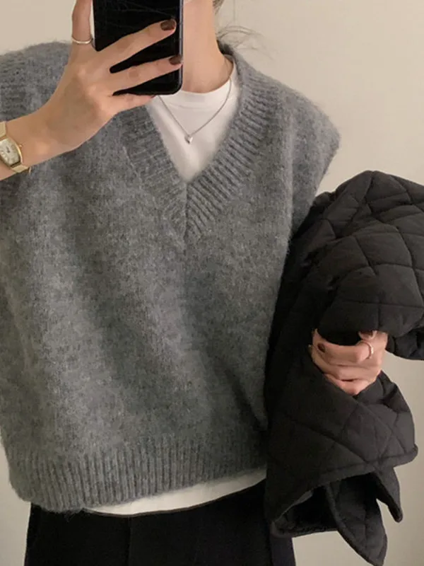 

V-Ne Knitted Vest Top Women's Svel Loose Sweater Academy Sle Spring Autumn ey Color Blo Casual Faion