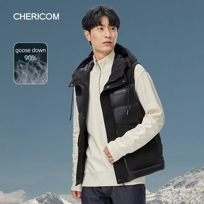 Chericom Light Goose Down Men's Hooded Short Down Vest Pocket Label Design Comfortable Casual Commuting Down Jacket 289956