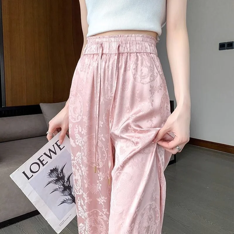 

New Chinese Sle Ice Silk Embroidered Wide Leg Pants Women's Summer Thin High Waist Draped Slim Straight Casual Floor-Length...