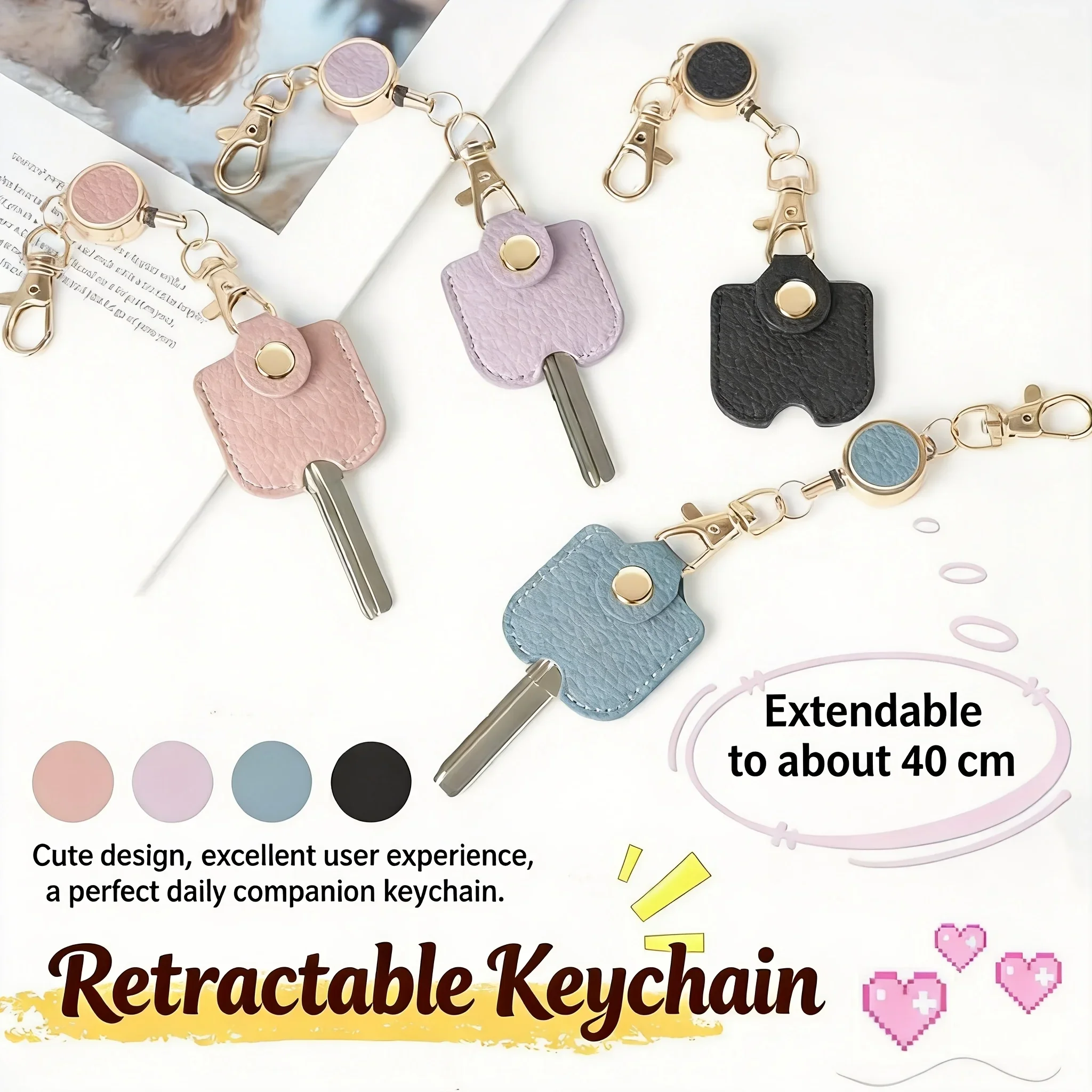 Cute Portable Retractable Keychain for Women 11.81 Inch Elastic Anti Loss Key Ring with Gold Metal Buckle for ID and Car Keys - view 6